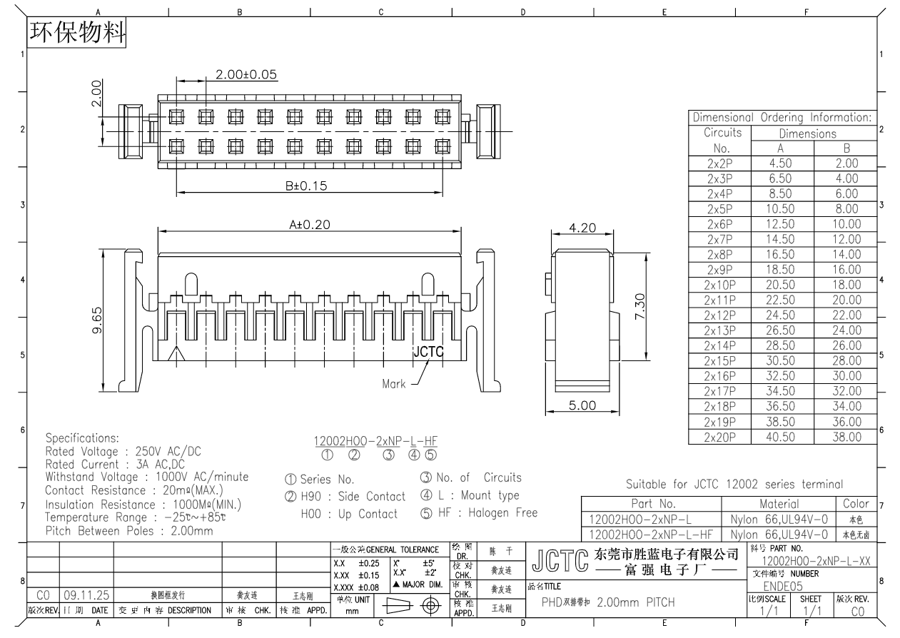 Pitch 2.00 mm 雙排帶扣 Housing(產(chǎn)品2D/包裝規(guī)范)